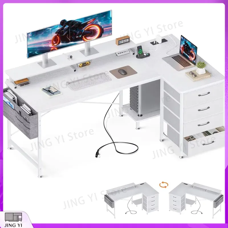 Office Furniture Outlet - โต๊ะคอมพิวเตอร์รูปตัว L 160x80 ซม. โต๊ะเข้ามุมพร้อมลิ้นชัก พอร์ตชาร์จ