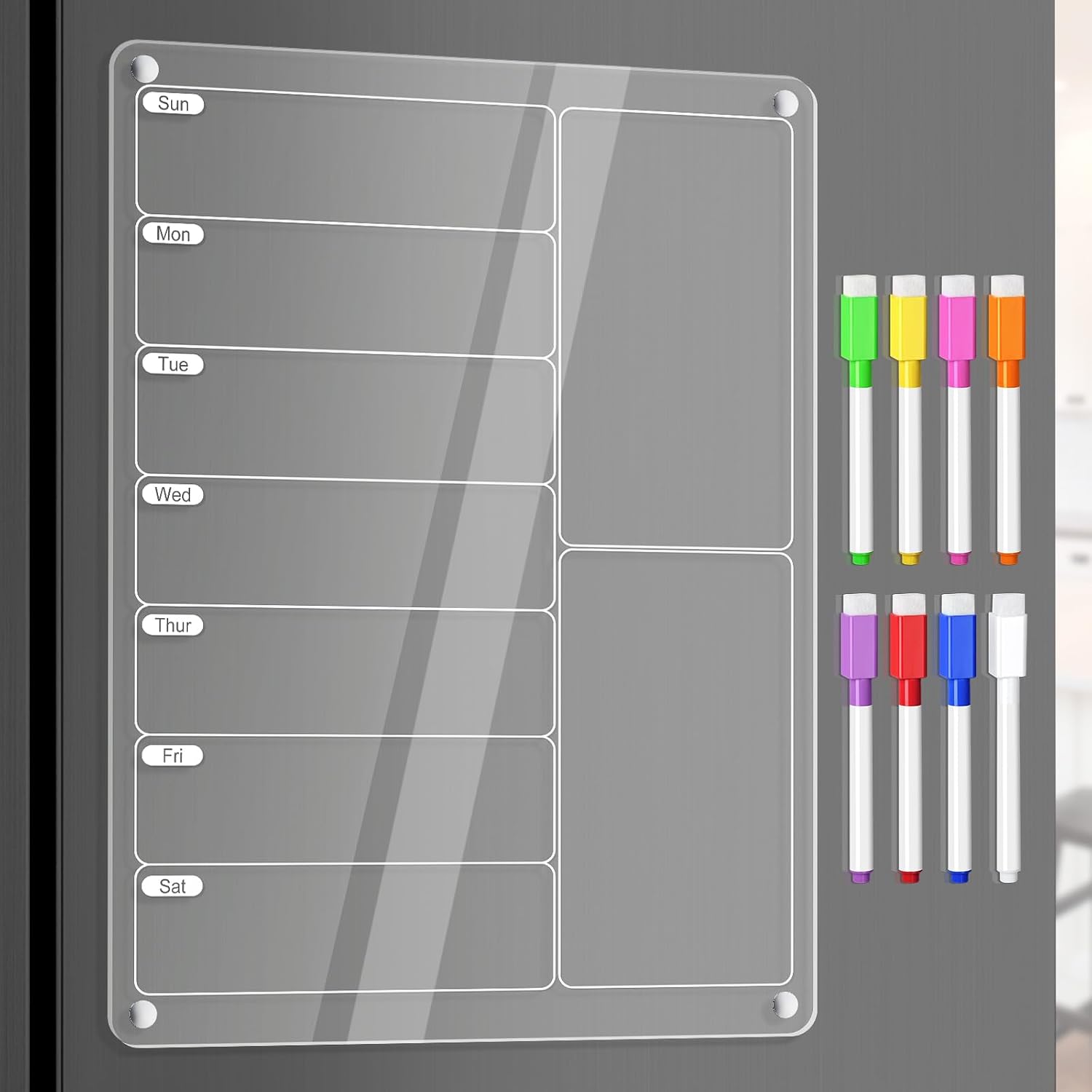 Dry Erase Weekly - กระดานวางแผนเมนูอาหารรายสัปดาห์แบบแม่เหล็กอะคริลิกใส พร้อมปากกาเขียนลบได้ สำหรับเขียนรายการสิ่งที่ต้องทำในครัวเรือน ใช้จัดระเบียบครัว