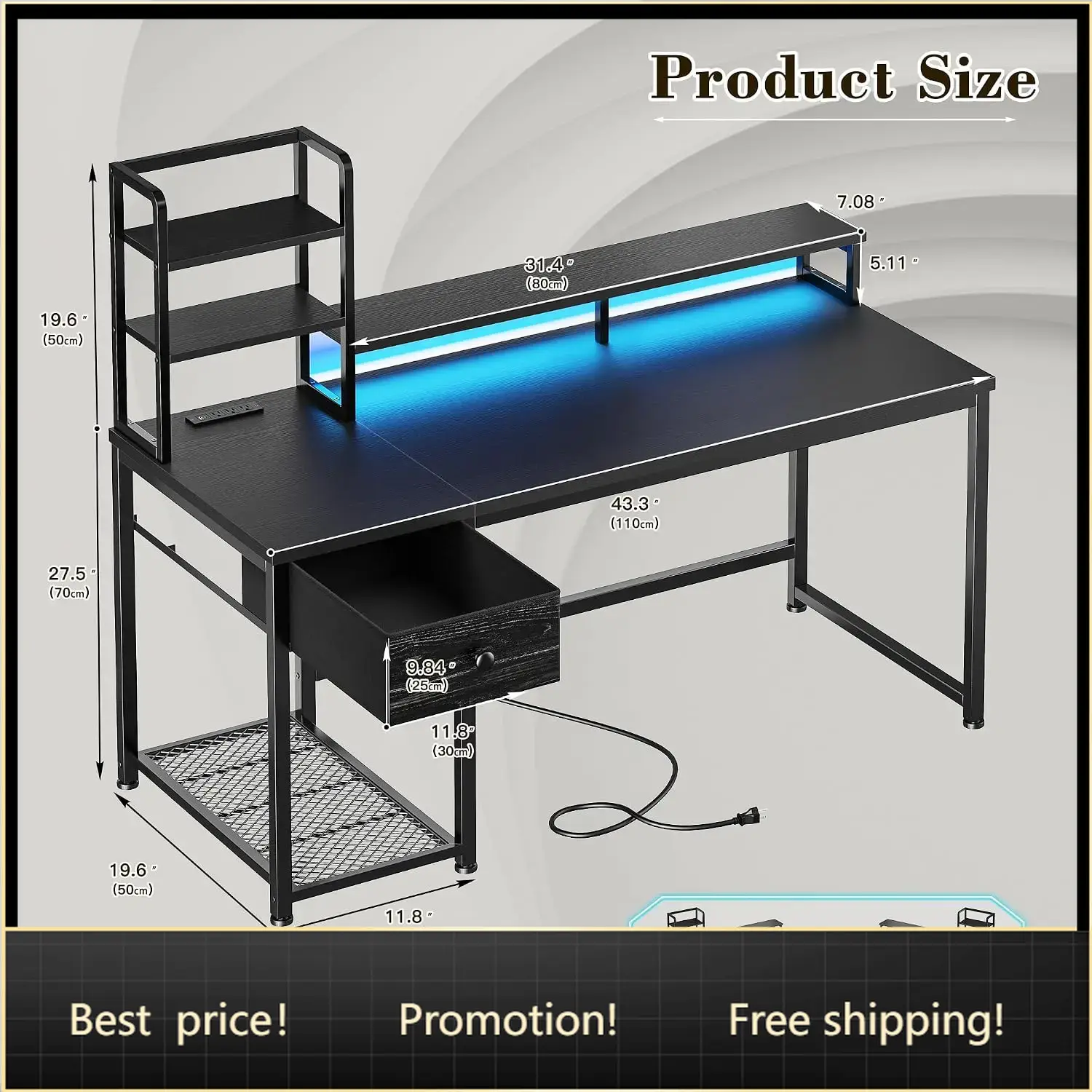 Gaming Desk With Hutch - โต๊ะเกมมิ่งขนาด 44 นิ้ว พร้อมตู้เก็บของและลิ้นชัก สีดำ |
