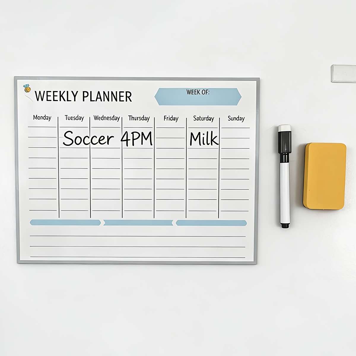 Dry Erase Weekly - กระดานวางแผนรายสัปดาห์แบบแม่เหล็ก, กระดานบันทึกข้อความติดตู้เย็น, พื้นผิวสำหรับเขียนลบได้, ปากกาเขียนลบได้สีดำ, ยางลบสำหรับเขียนลบได้