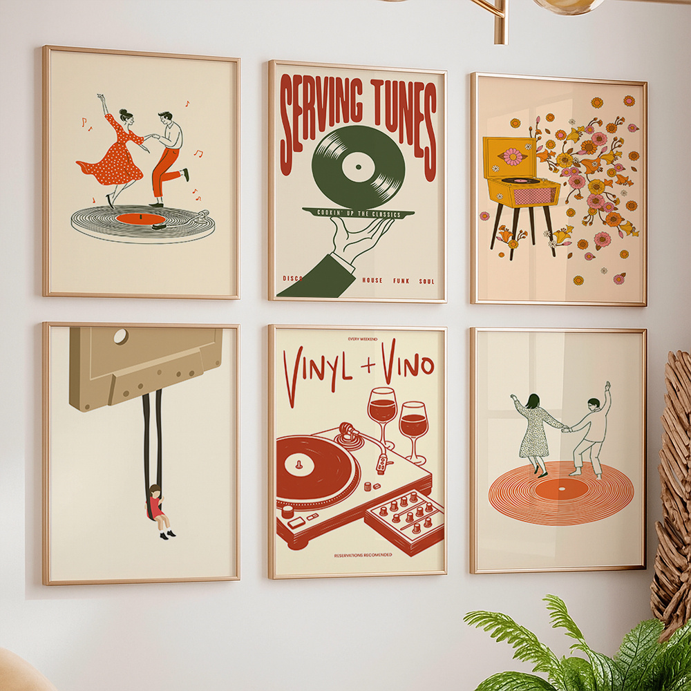 Office Furniture Design - โปสเตอร์ผ้าใบลายดนตรีวินเทจ 1 ชิ้น ไม่มีกรอบ ลายเครื่องเล่นแผ่นเสียง คาสเซ็ต