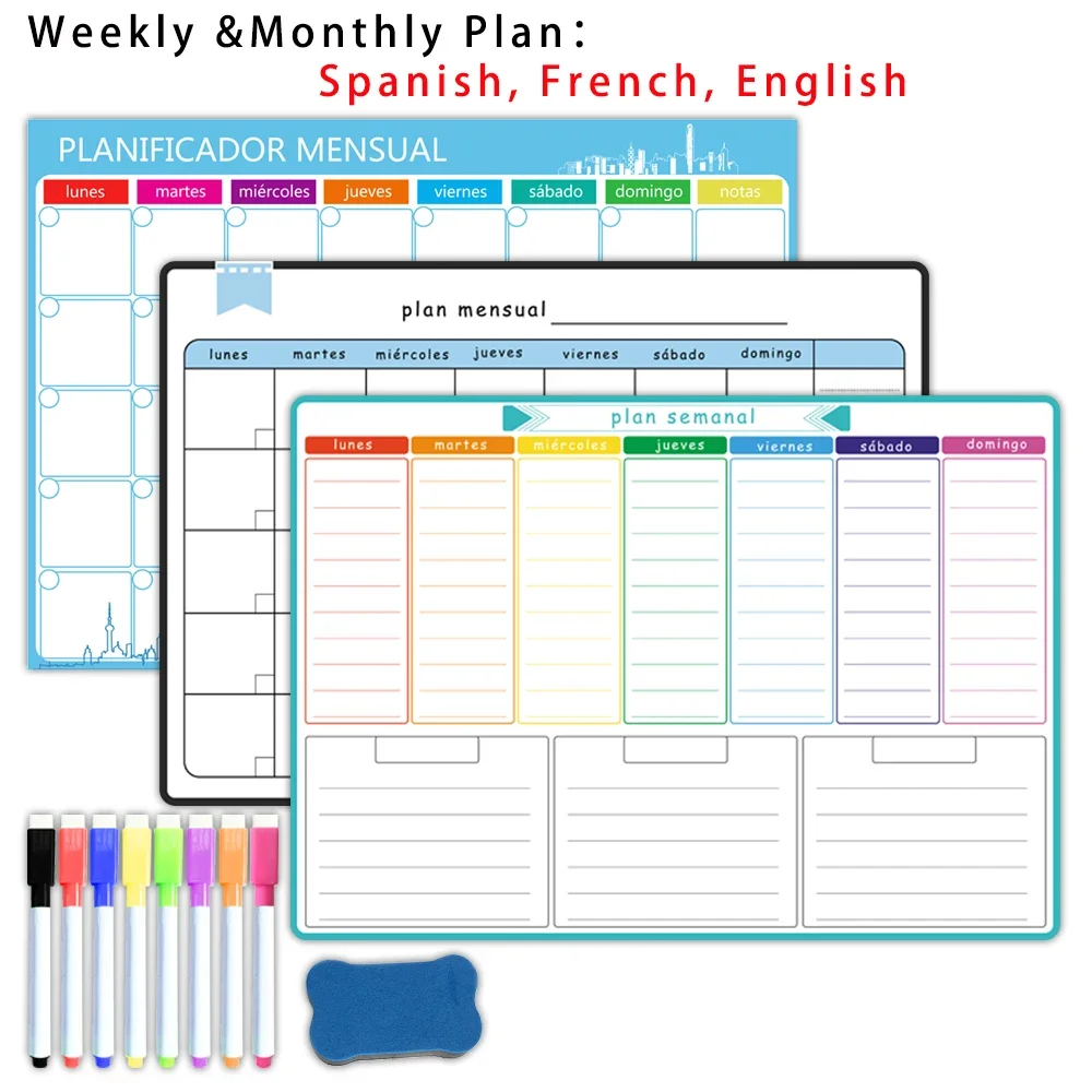 Dry Erase Weekly - A3 ขนาดแม่เหล็กรายสัปดาห์และรายเดือน: สเปน, ฝรั่งเศส, อังกฤษ. ปฏิทินสติกเกอร์ตู้เย็นไวท์บอร์ดแบบลบแห้ง
