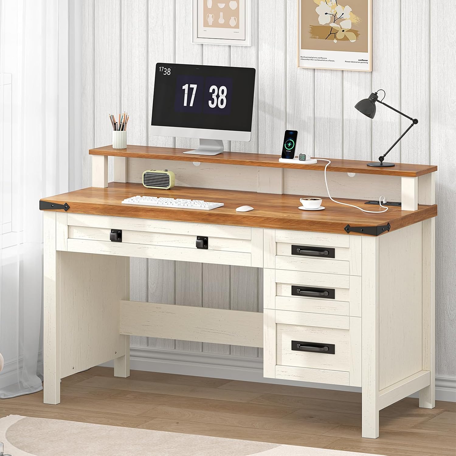 Office Furniture Outlet - โต๊ะคอมพิวเตอร์สไตล์ฟาร์มเฮาส์ขนาด 47 นิ้ว พร้อมลิ้นชัก 4 ช่อง