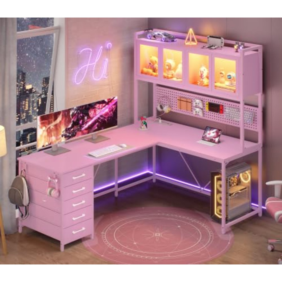 Gaming Desk With Hutch - โต๊ะเกมมิ่งทรงตัวแอลพร้อมลิ้นชัก ตู้เก็บของ และชั้นวางของสำหรับใช้ในโฮมออฟฟิศ ผลิตจากไม้สังเคราะห์สีขาว ประหยัดพื้นที่