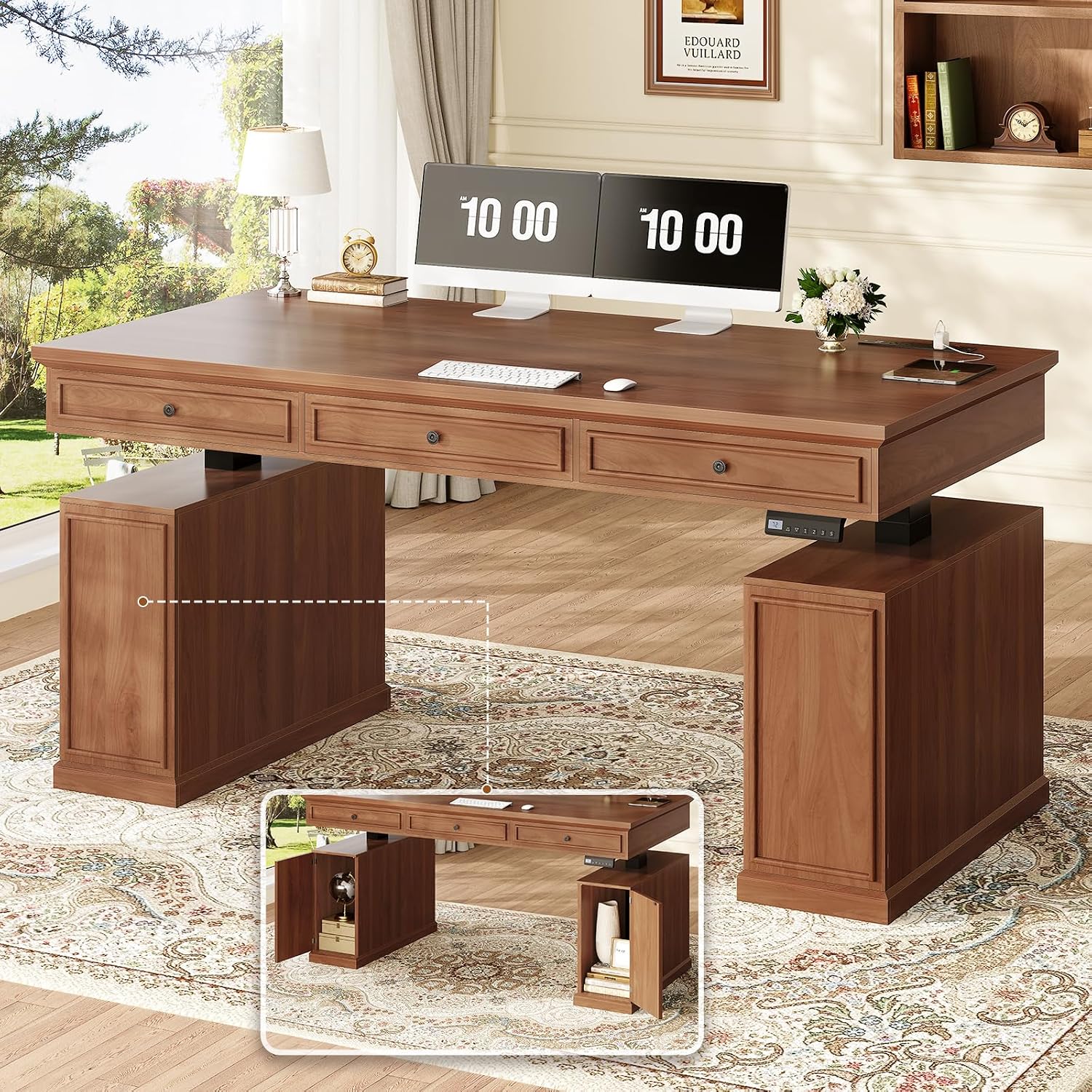 Office Furniture Outlet - โต๊ะทำงานไฟฟ้าแบบยืนสไตล์ฟาร์มเฮาส์ขนาด 55.1 นิ้ว พร้อมลิ้นชัก 3 ช่องและตู้เก็บของ